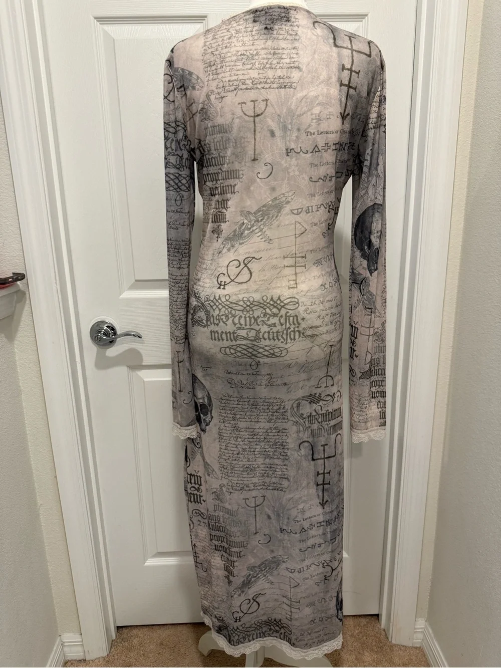Gray Script & Skull Long Sleeve Sheer Maxi Dress - Picture 6 of 11
